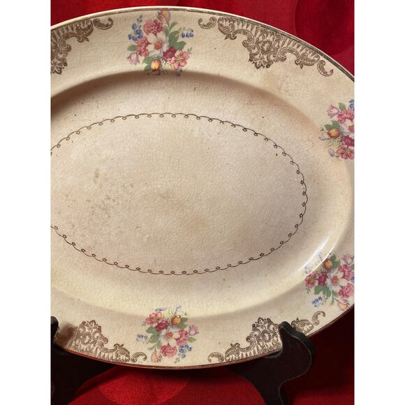 VTG Paden City Pottery Nasco Oval Platter 14x11in floral w22k gold swags trimGUC - Picture 4 of 16